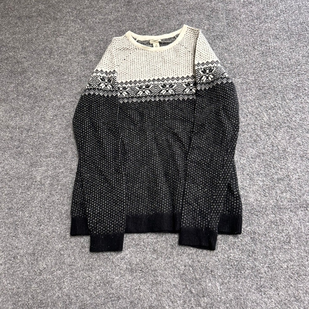 L.L. Bean Sweater Womens Size M Cashmere Black White Fair Isle Knit Crew Neck